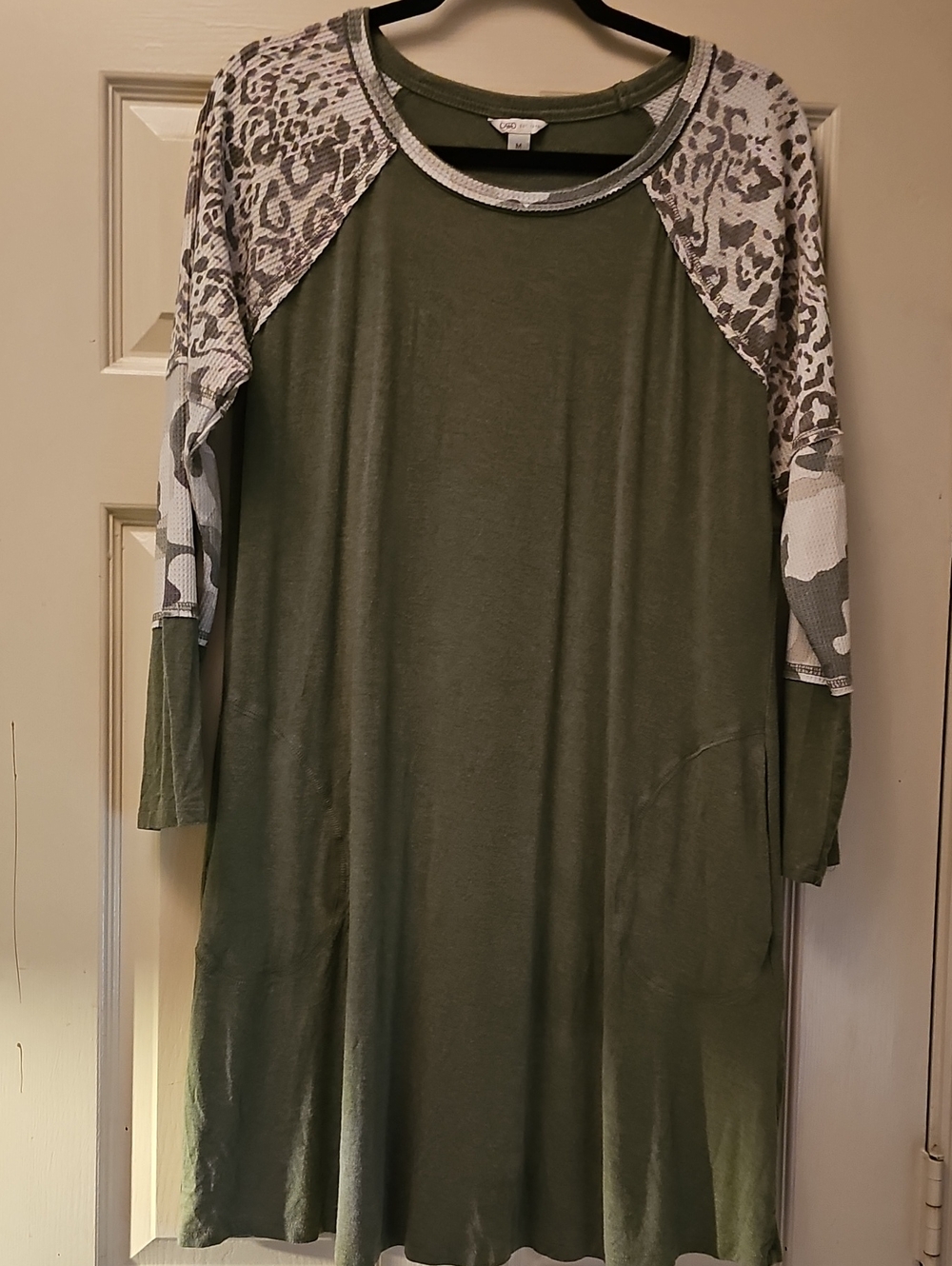 Cato Olive Green Tunic Dress with Neutral Animal-Print Raglan Sleeves